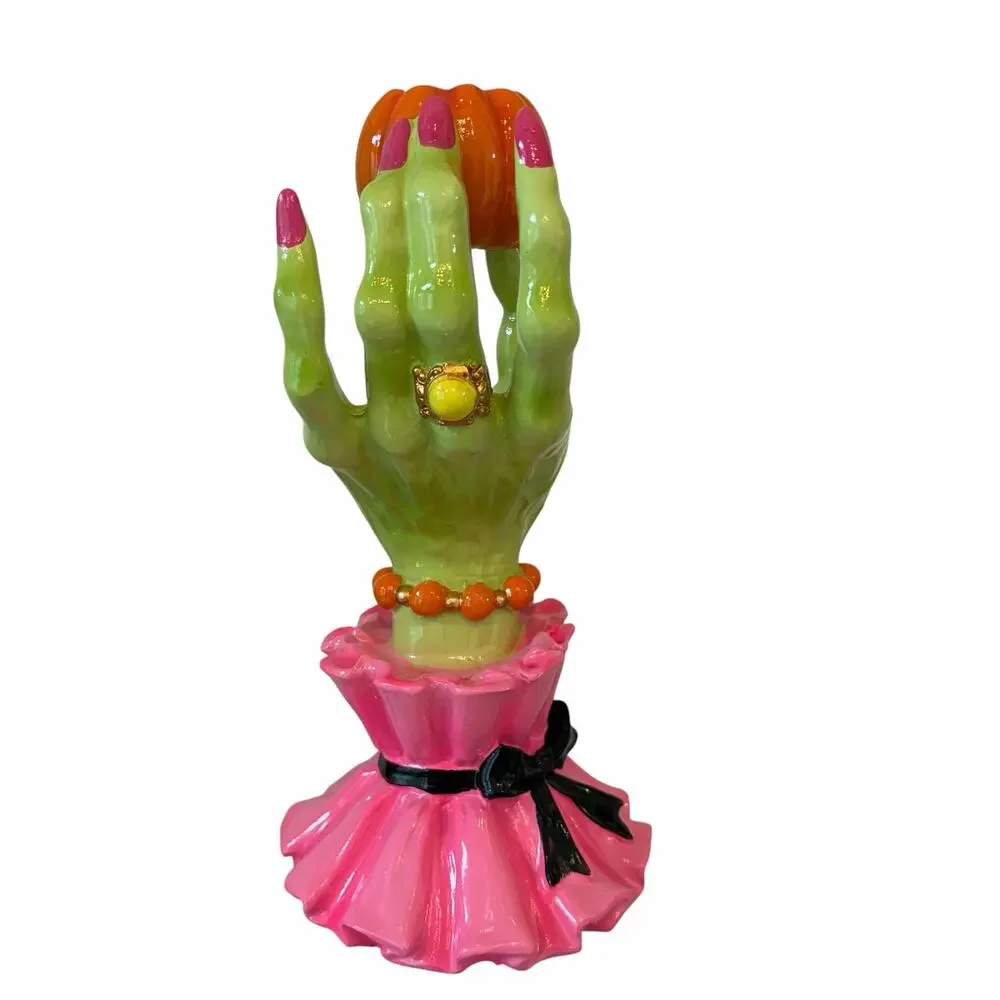 Broomstick Blvd Witch Hand Taper Candle Holders Set 2 Pink Green Halloween NEW